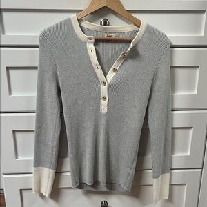 Grey Ribbed Henley Sweater with Cream Trim
